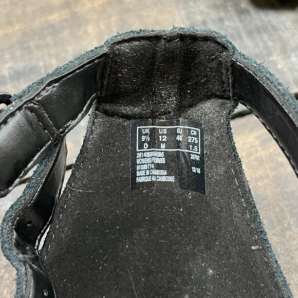 CLARKS Gladiator Black Strappy Sandal Wedge Women's 12 Heel Suede Fringe Abigail - Picture 6 of 7